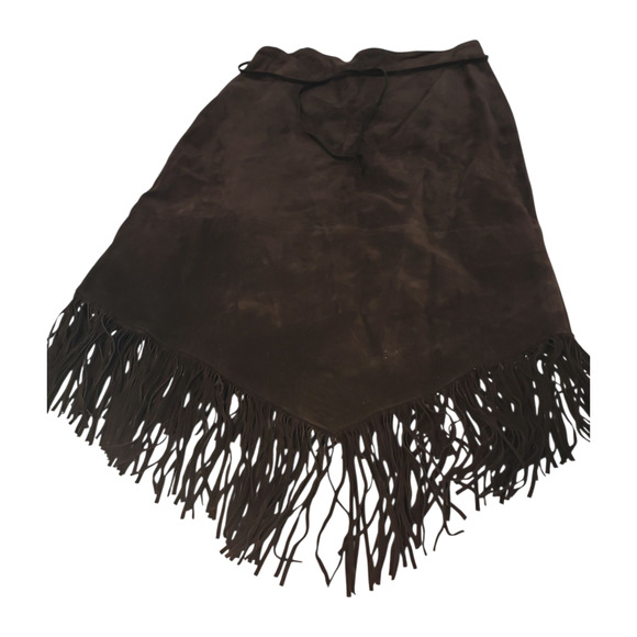 Zebra Leather Skirt sz 10 Brown Suede Fringe Hem & Tie Belt Western Movement - Picture 2 of 10